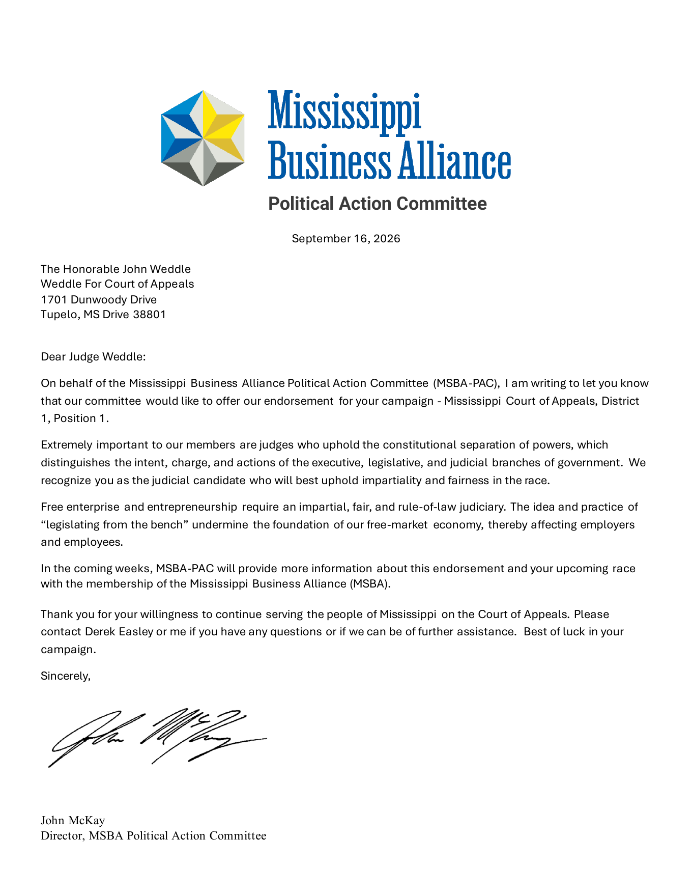 Signed Mississippi Business Alliance Political Action Committee endorsement letter to Judge John Weddle